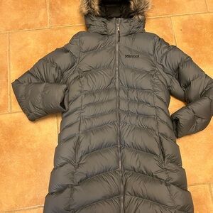 Marmot Charcoal Puffer Jacket with Faux Fur Trim
